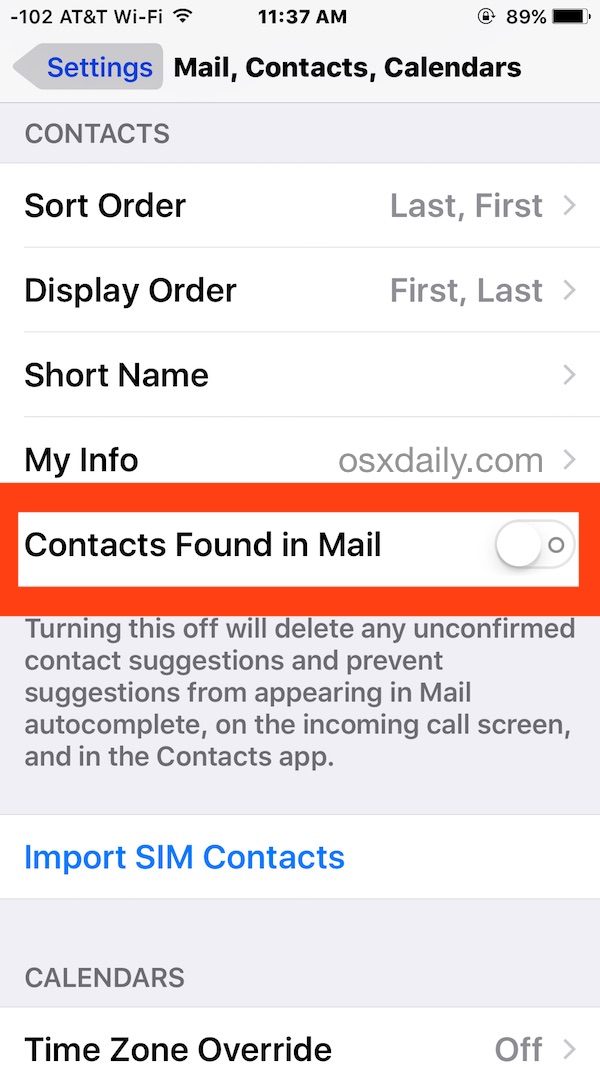 Disable Contacts found in Mail for iOS
