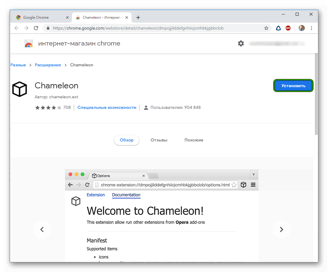 Установить Chameleon в Google Chrome