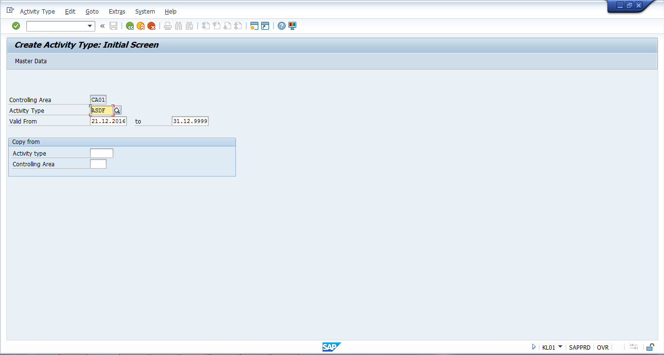 Create SAP Activity Type - Initial Screen