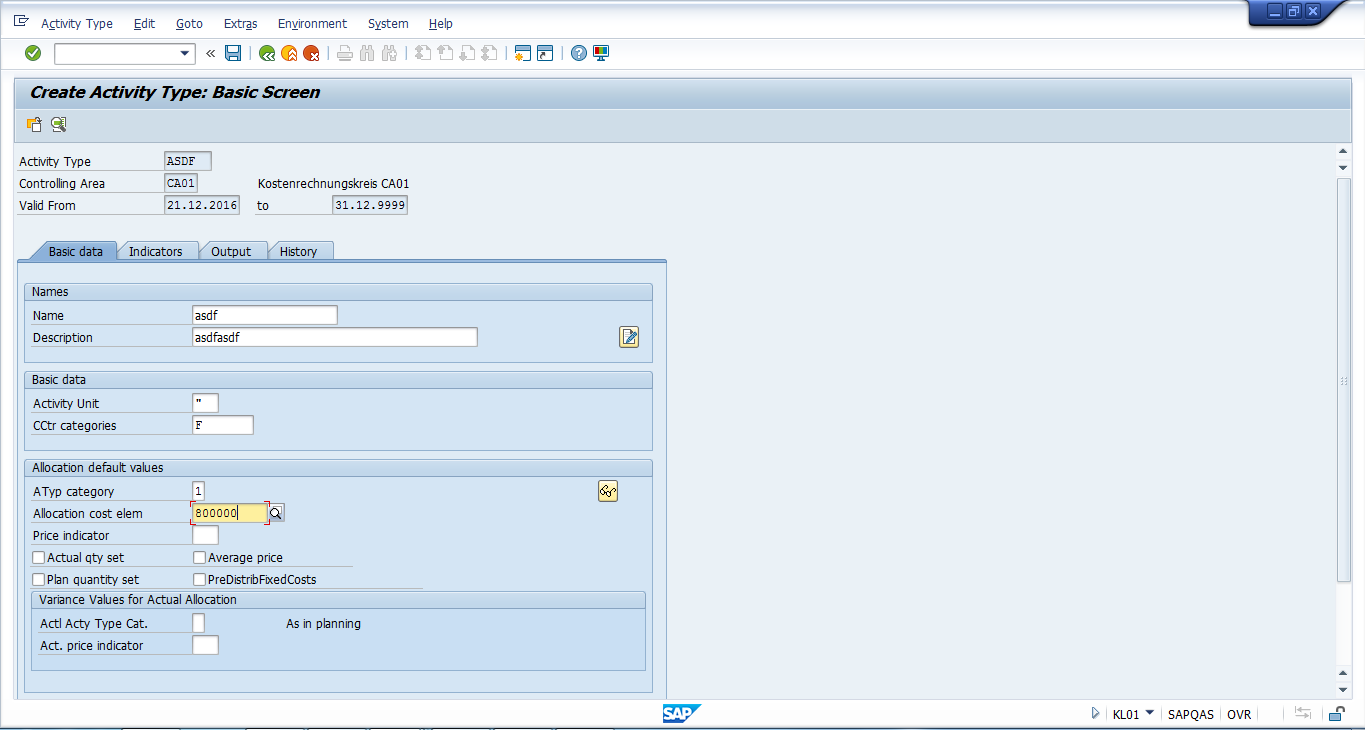 Create SAP Activity Type - Basic Screen