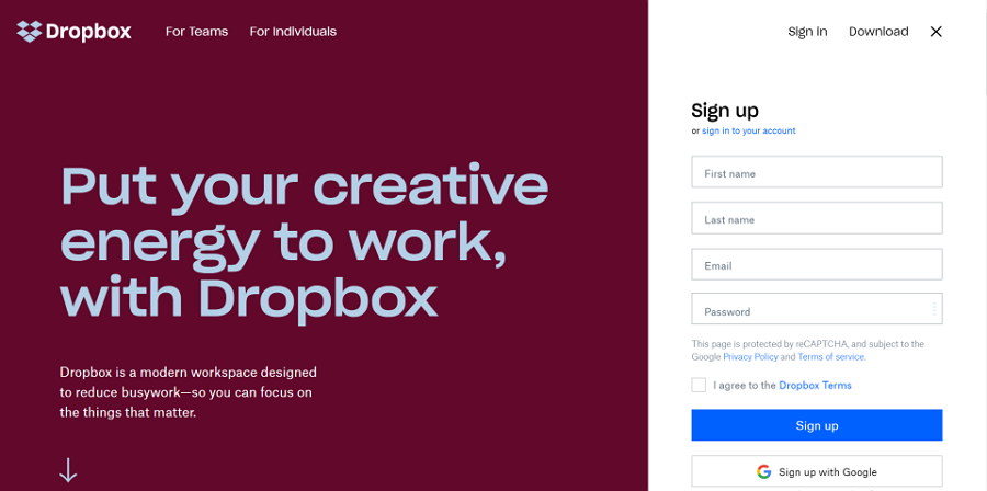 Dropbox - Signup Form