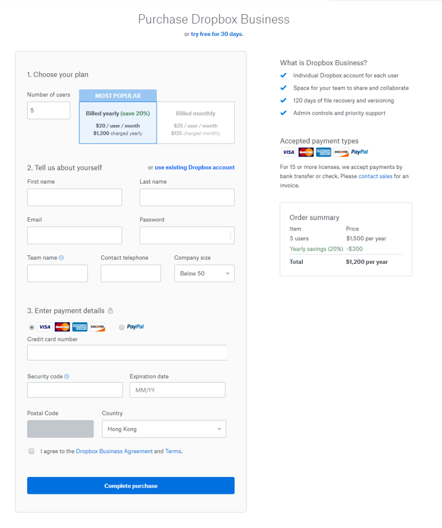 Dropbox - Purchase Dropbox Business Form
