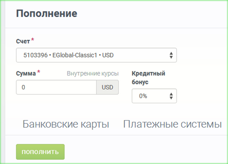 о вводе средств на Forex4you