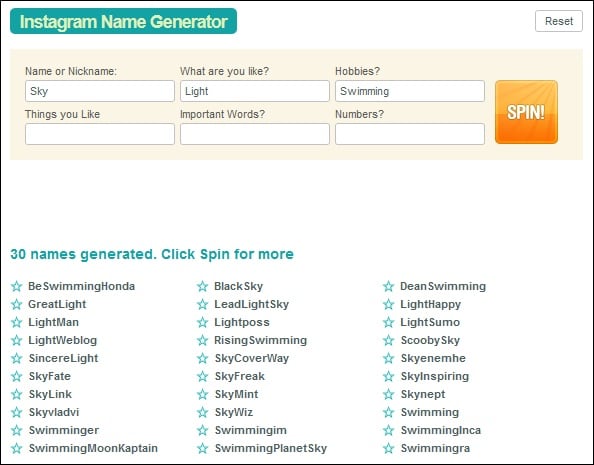 Форма генерации Nickname на Spinxo.com