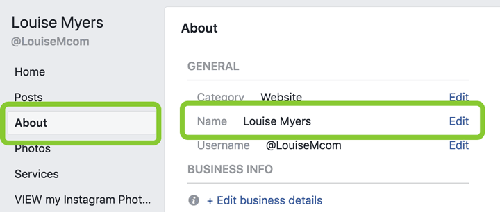 where to change Facebook Page name for a business