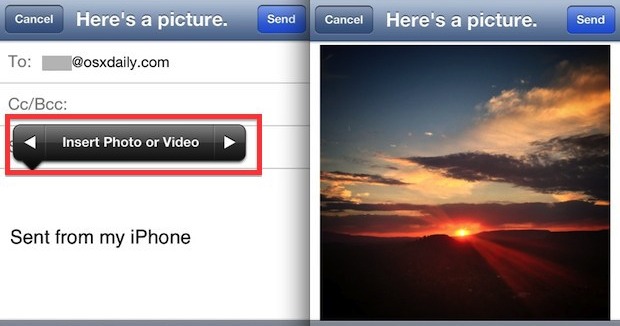 Attach a Photo to an Email, as shown on iPhone