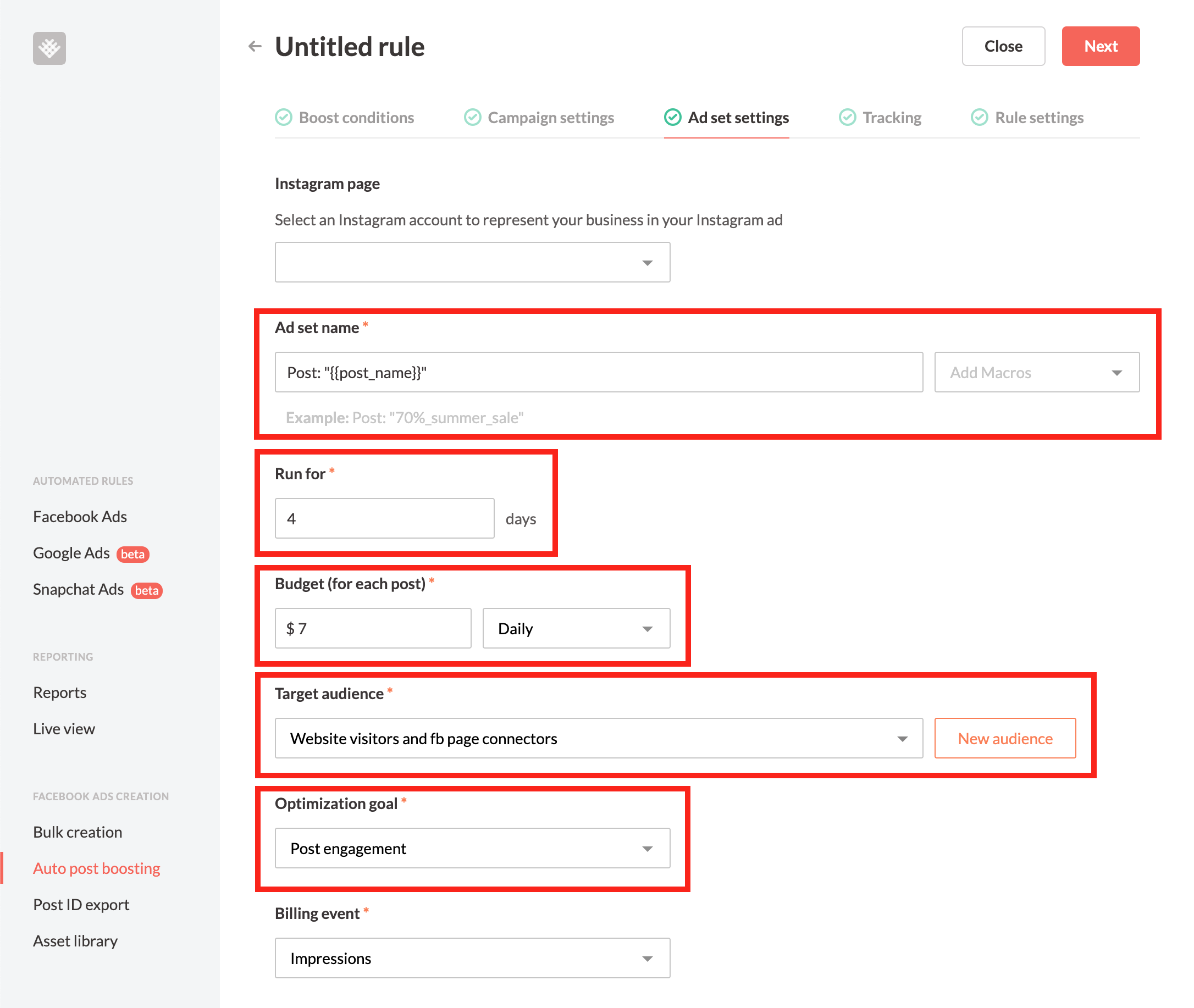 Revealbot auto boosting ad set settings