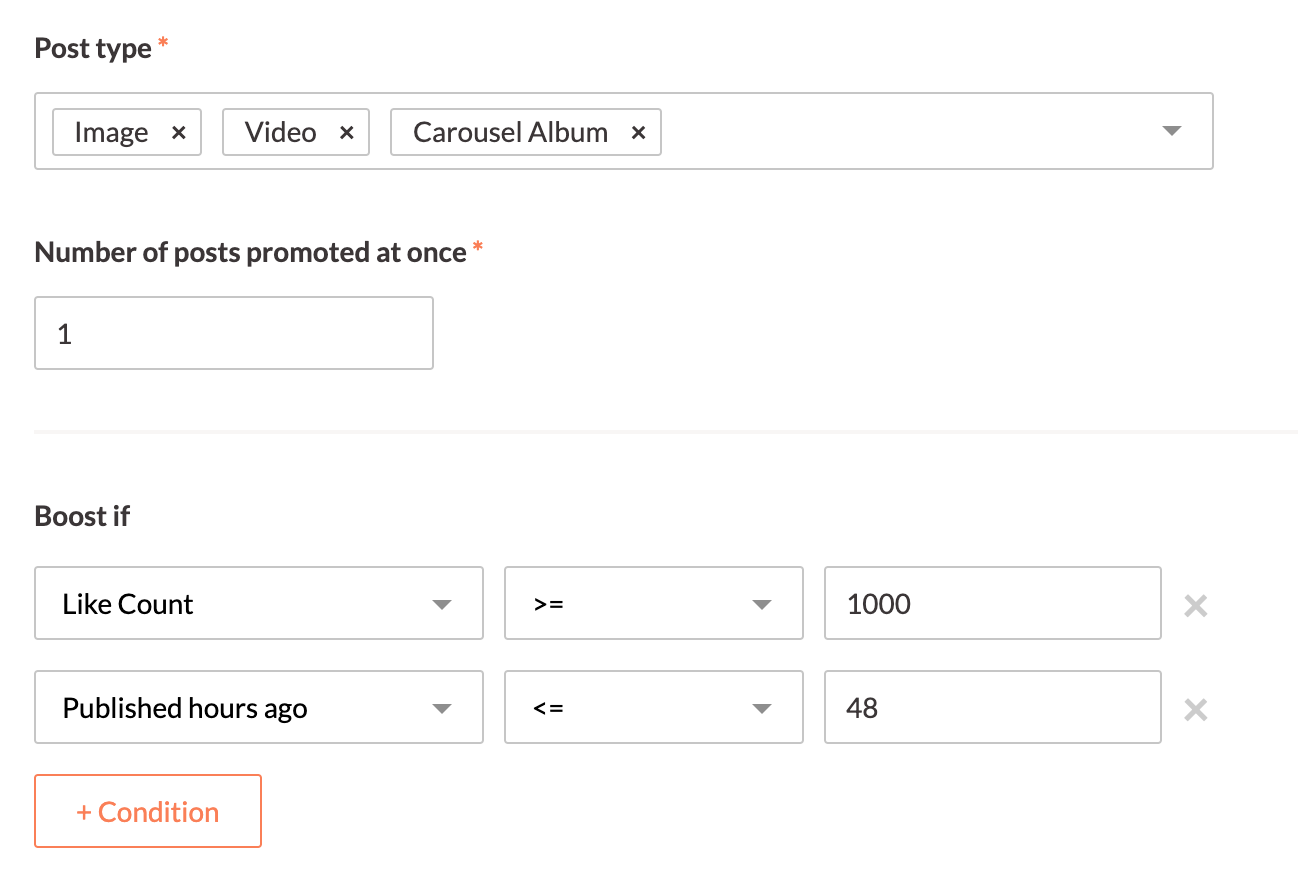 Revealbot auto boosting conditions for an Instagram post with above average likes