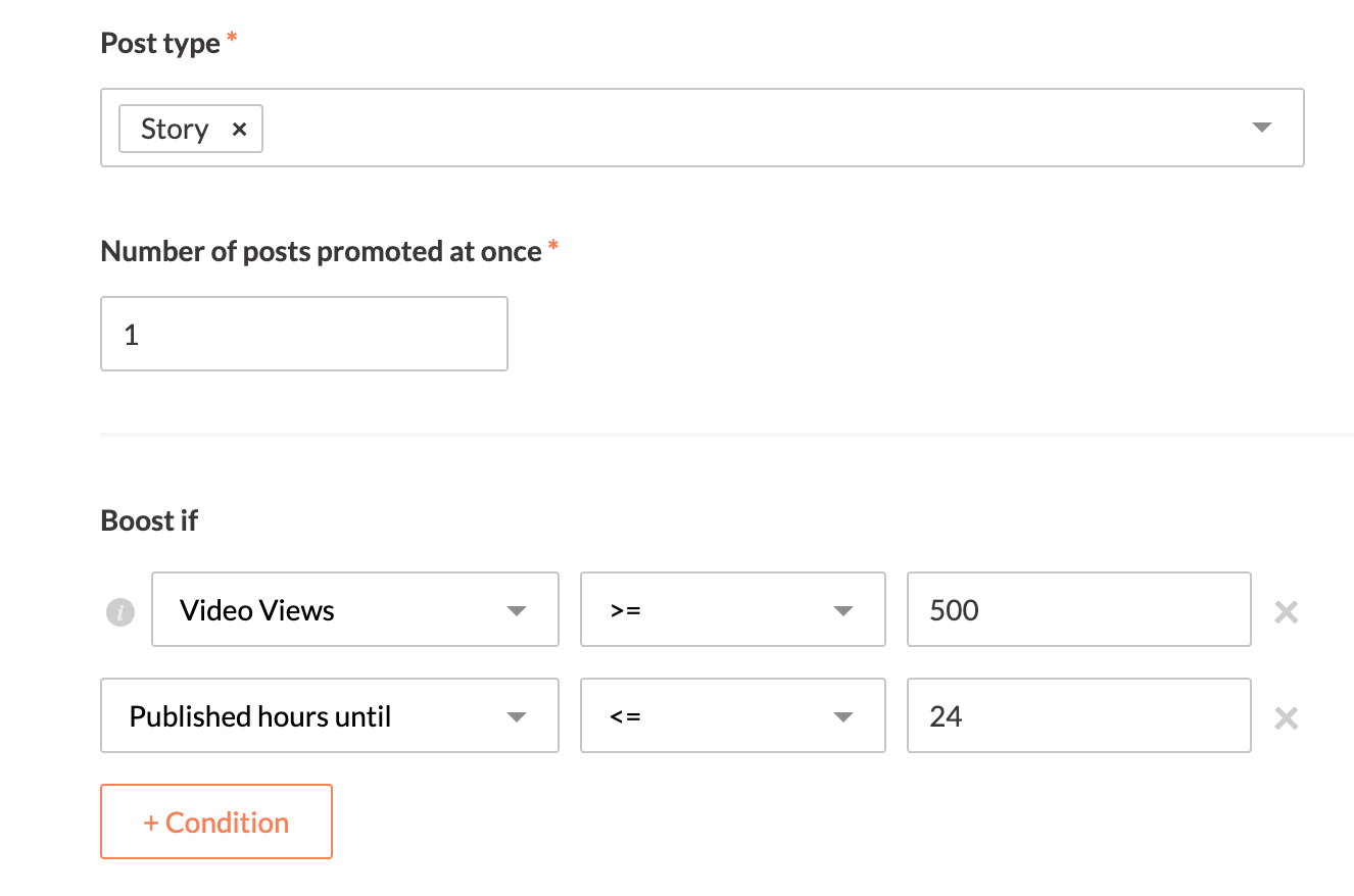 Revealbot auto boosting conditions for an Instagram story with above average views