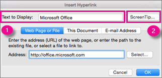 Office for Mac Hyperlink dialog