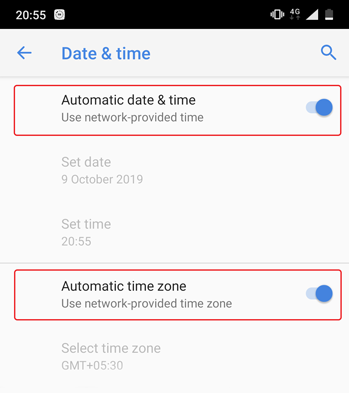 toggle on automatic date and time on android