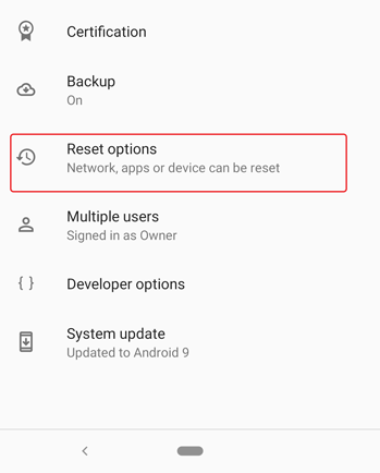reset options under android settings menu