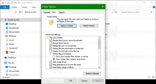 Windows 10 folder options dialog