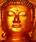 Gold-coloured statue of the Buddha, a serene expression on his face