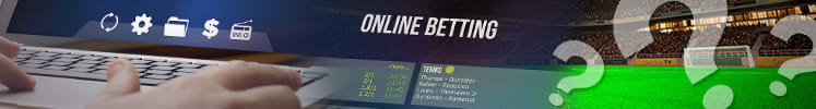 A hand typing on a laptop displaying a betting site covered in question marks