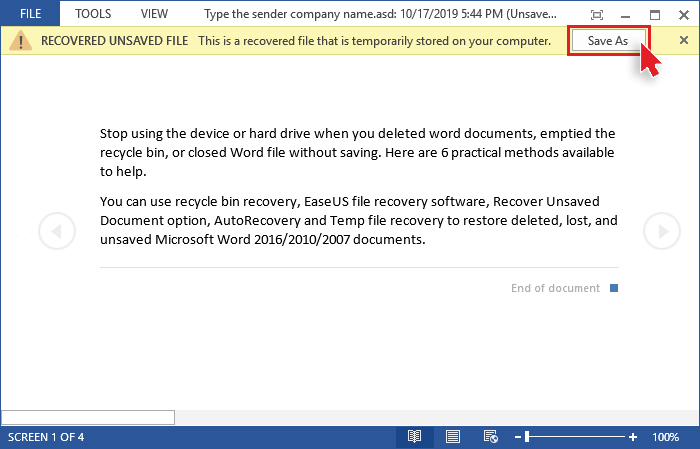 Select Save As to restore the word document