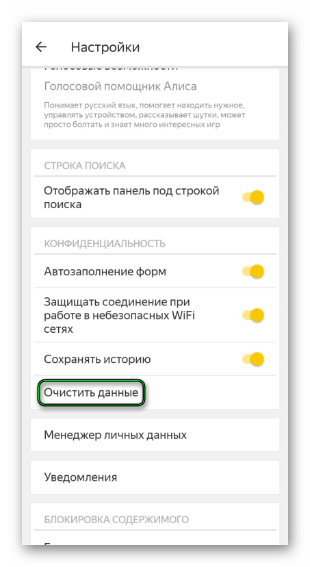 Кнопка Очистить данные в меню настроек мобильной версии Яндекс.Браузера